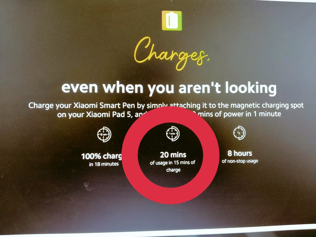RANDOM___NOTES's tweet photo. @XiaomiIndia @Xiaomi @MiIndiaSupport  Edit This also. 😀
"20 mins of usage in 1 mins of Charge" Not 15 mins 😀. #XiaomiPad5 . Suggestion. https://t.co/2Eul8Rju2S