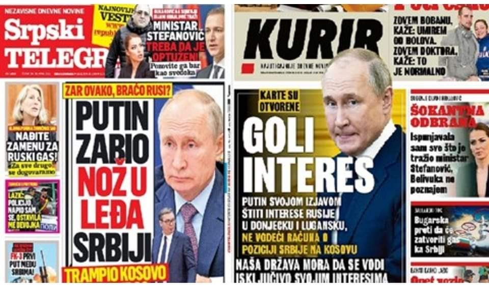 Како што обично се случува со безумните диктатори, Путин во прва прилика го шитна својот "братски" српски народ.

Туку, ме интересира дали нашиве рубљаши сега ќе застанат со браќата Срби, или ќе еволуираат во најголеми бранители на независно Косово?