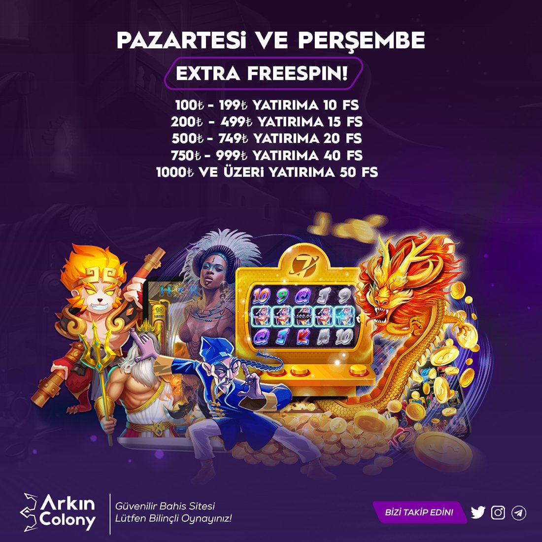🥳#ARKINCOLONYBET'TEN PAZARTESİ VE PERŞEMBE EXTRA FREESPIN!

🔥30TL YENİ ÜYELİK BONUSU!🔥

👏%300 İLK YATIRIM BONUSU!

🔥ÇEVRİMSİZ %27 SLOT YATIRIM BONUSU!🔥

rebrand.ly/GüncelArkınCol…

#casino #bahis #futbol #canlicasino
