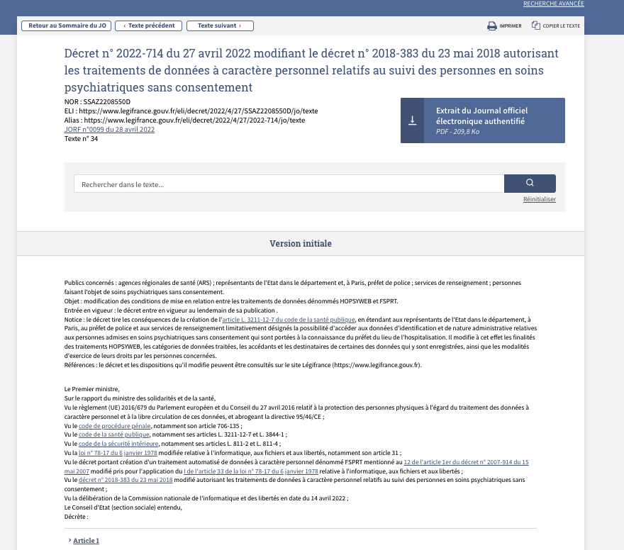 CordierCaroline's tweet photo. ♦️Parution #JORF décret étendant aux préfets possibilité d'accès aux données d'identification & administratives relatives aux personnes en soins sans consentement #psychiatrie portées à la connaissance du préfet du lieu d'hospitalisation #Hopsyweb #FSPRT https://t.co/3NNlCtsI7y https://t.co/CUGz2ScnTM