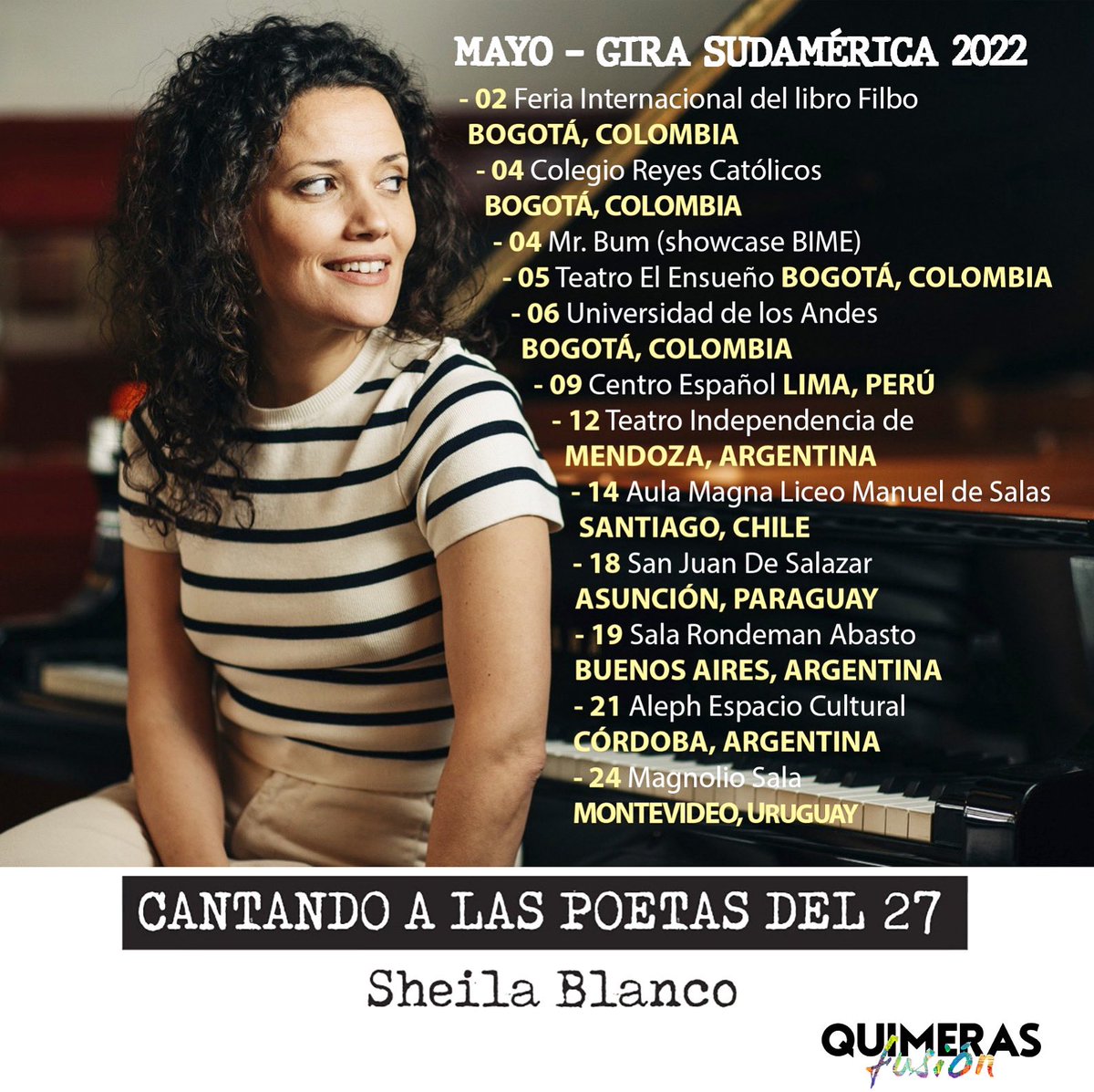 Aquí está la gira hermosa🫶🏻!!!
Gracias por la espera… No sabéis lo emocionada que me siento por estos encuentros: 26 días, 12 conciertos en 6 países💜Qué bonito va a ser! 
Nos vemos ya! #Cantandoalaspoetasdel27 #GiraSudamérica2022 #QuimerasFusion
+ info instagram.com/p/Cc4u23MqcDv/…