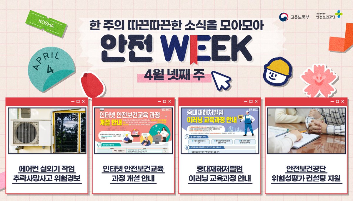 KOSHAnet's tweet image. 4월의 마지막 주도
안전위크와 같이✨

오늘 소식도 한 번 살펴볼까요?

👇내용 확인하기👇
bit.ly/3w8PifV

안전위크가 돌아올 때까지 안전 챙기세요🤗

#안전위크 #에어컨실외기 #안전보건교육 #이러닝 #위험성평가 #컨설팅 #안전 #안전보건공단 #안전을위한우리를WE한 #안전은권리입니다