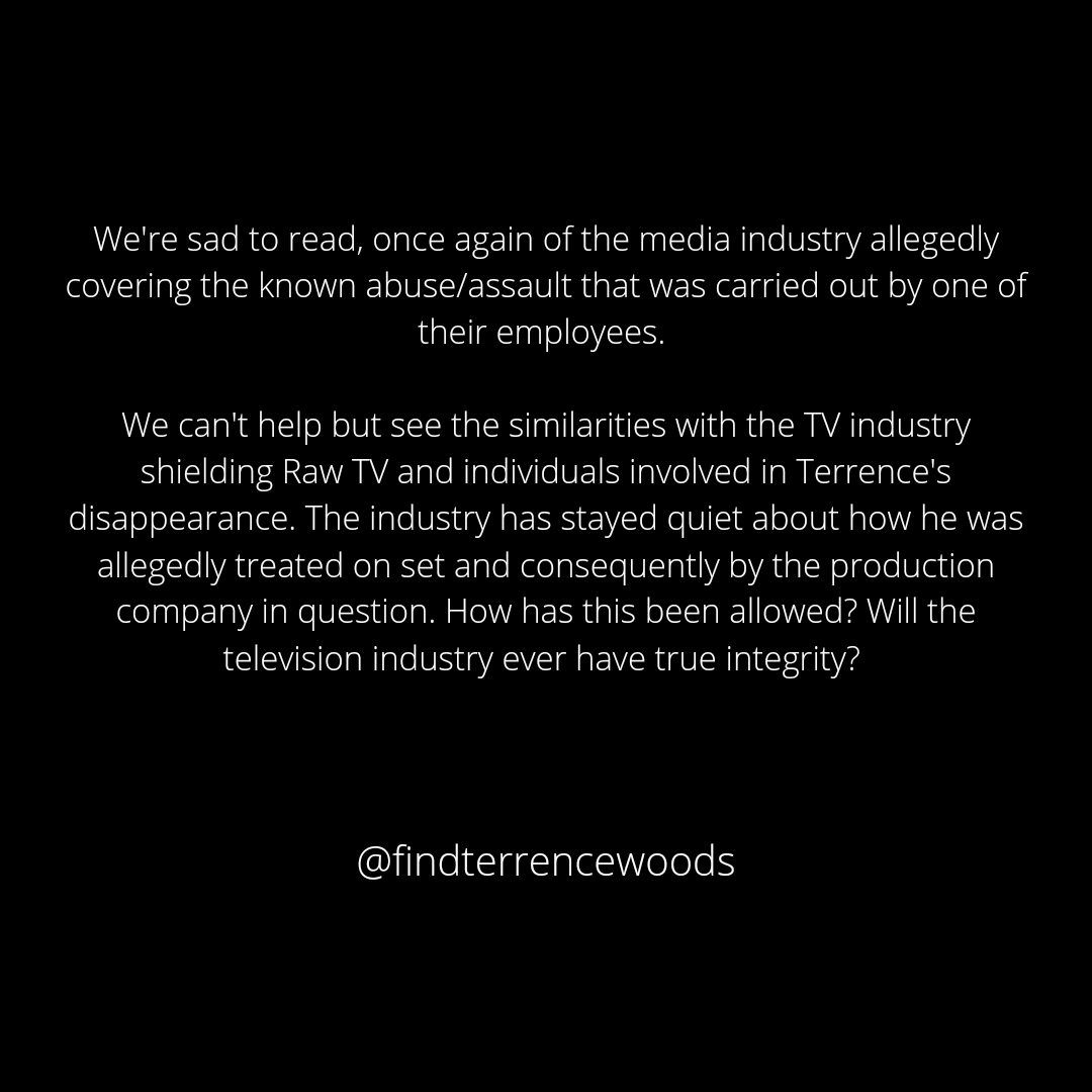 findterrencewds's tweet photo. We can't help but see the similarities with the TV industry shielding Raw TV and individuals involved in Terrence's disappearance.
#Terrencewoods #bbc #TimWestwood #TimWestwoodAbuseOfPower #findterrencewoods #rawtv https://t.co/0KEipYOTk0