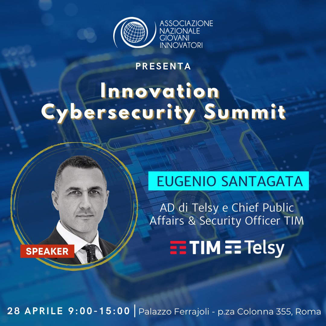 GruppoTIM's tweet photo. Eugenio Santagata, CEO di #Telsy e Chief Public Affairs &amp; Security Officer di TIM, partecipa oggi all' #Innovation #Cybersecurity Summit di @Angi_tech.