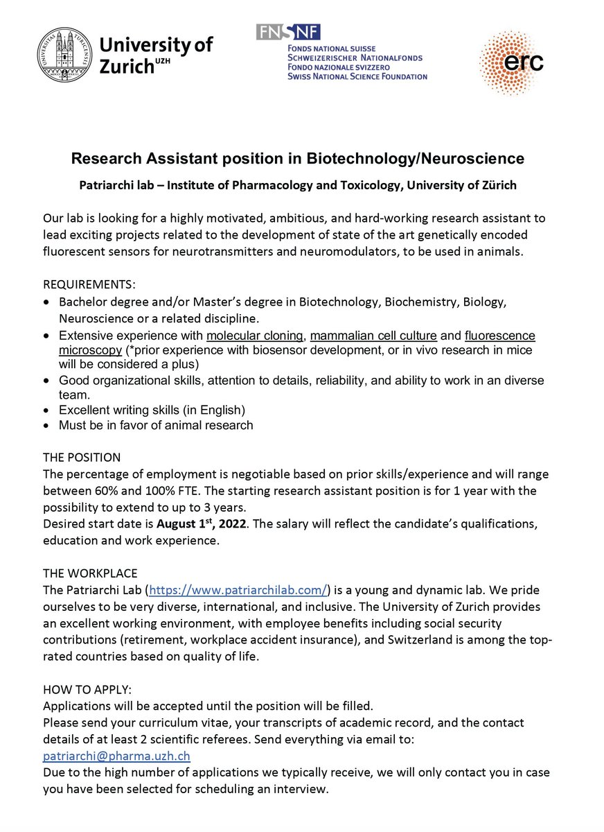 tpatriarchi's tweet image. Our lab is looking for a Research Assistant starting this Summer (begginning of August) to join exciting ongoing projects at the crossroads of protein engineering and neuroscience. Interested applicants, please see the description below🇨🇭🇺🇦  please retweet!