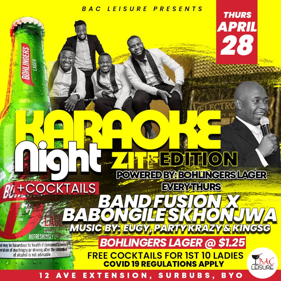 BAC Leisure (@bacleisure) on Twitter photo Karaoke Night + Cocktails ..Sing your favourite songs backed by Band Fusion
Hosted By <a href="/babongileSk/">Byo's Ndebele Rockstar</a>
Powered by Bohlingers Lager
#karaoke #thursday #ZITF2022
#dirarizare #bulawayo #Bulawayo Karaoke Night + Cocktails ..Sing your favourite songs backed by Band Fusion
Hosted By <a href="/babongileSk/">Byo's Ndebele Rockstar</a>
Powered by Bohlingers Lager
#karaoke #thursday #ZITF2022
#dirarizare #bulawayo #Bulawayo