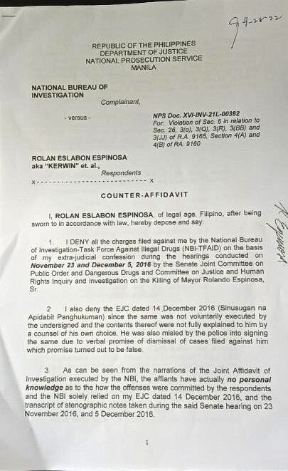 ABSCBNNews's tweet image. JUST IN: Self-confessed druglord Kerwin Espinosa recants ALL his allegations vs detained Sen. Leila de Lima in a counteraffidavit subscribed before the DOJ this afternoon, his lawyer Raymund Palad tells ABS-CBN News.

Espinosa says claims vs De Lima NOT TRUE. | @mikenavallo