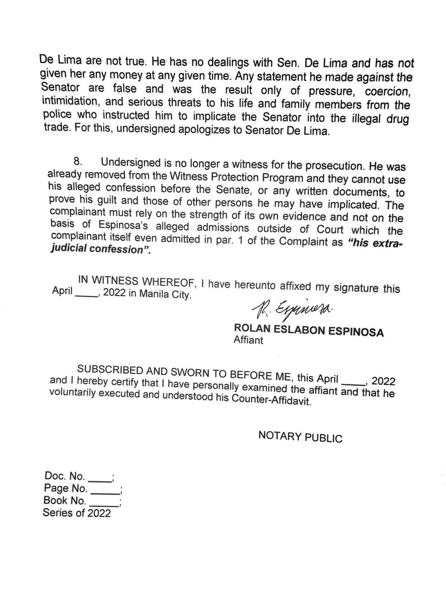 ABSCBNNews's tweet image. JUST IN: Self-confessed druglord Kerwin Espinosa recants ALL his allegations vs detained Sen. Leila de Lima in a counteraffidavit subscribed before the DOJ this afternoon, his lawyer Raymund Palad tells ABS-CBN News.

Espinosa says claims vs De Lima NOT TRUE. | @mikenavallo