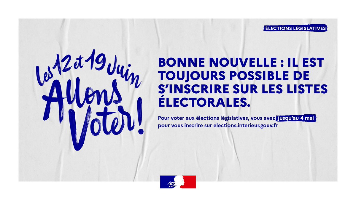 #ÉlectionsLégislatives2022 
Vous n'êtes pas encore inscrit sur les listes électorales pour pouvoir voter ?
Vous avez jusqu'au 4 mai pour réaliser votre demande d'inscription en ligne (jusqu’au 6 mai en mairie) : interieur.gouv.fr/actualites/act…