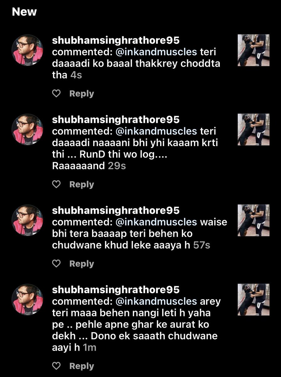 inkandmuscles's tweet image. Hey @MumbaiPolice / @MahaCyber1 / @ShivSena / @sanjayp_1 

This person has been threatening and harassing me publicly on Instagram. Also defaming Bala Saheb Thackeray’s name. 

Request you too kindly take strict action against this person. 

Instagram id: shubhamsinghrathore95