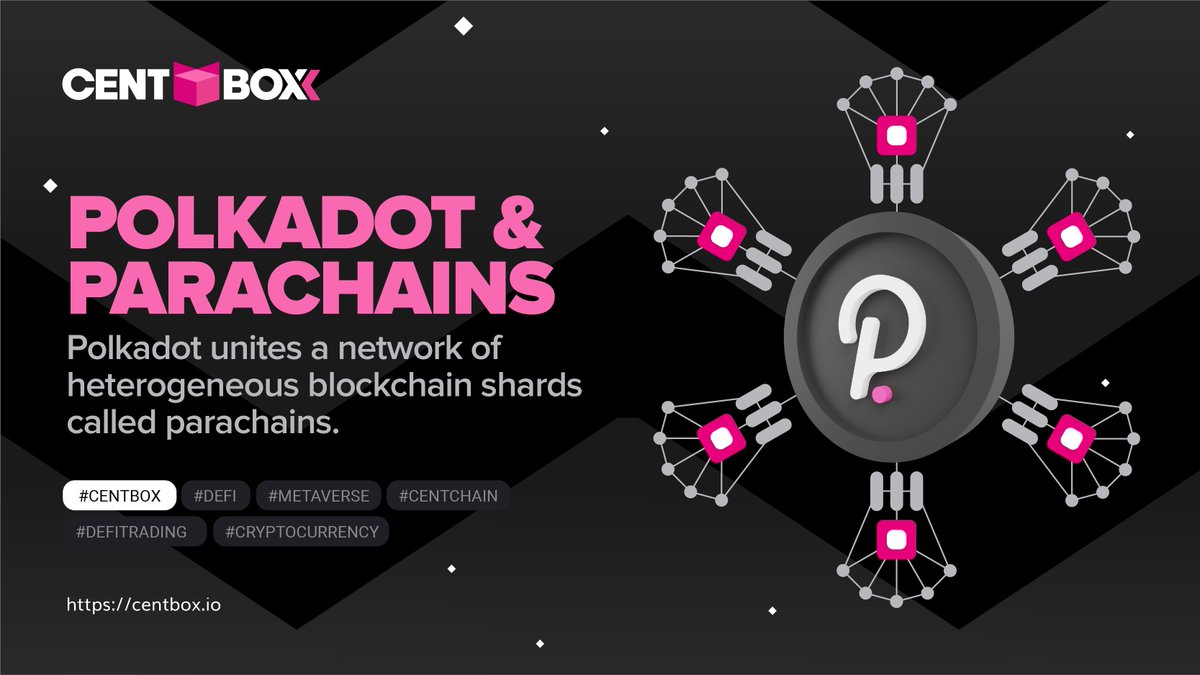centchain's tweet photo. Polkadot unites a network of heterogeneous blockchain shards called parachains. These chains connect to and are secured by the Polkadot Relay Chain. They can also connect with external networks via bridges.

#centbox #defitrading #metaverse #centchain #cryptocurrency #Polkadot https://t.co/5y1lJMwz2O