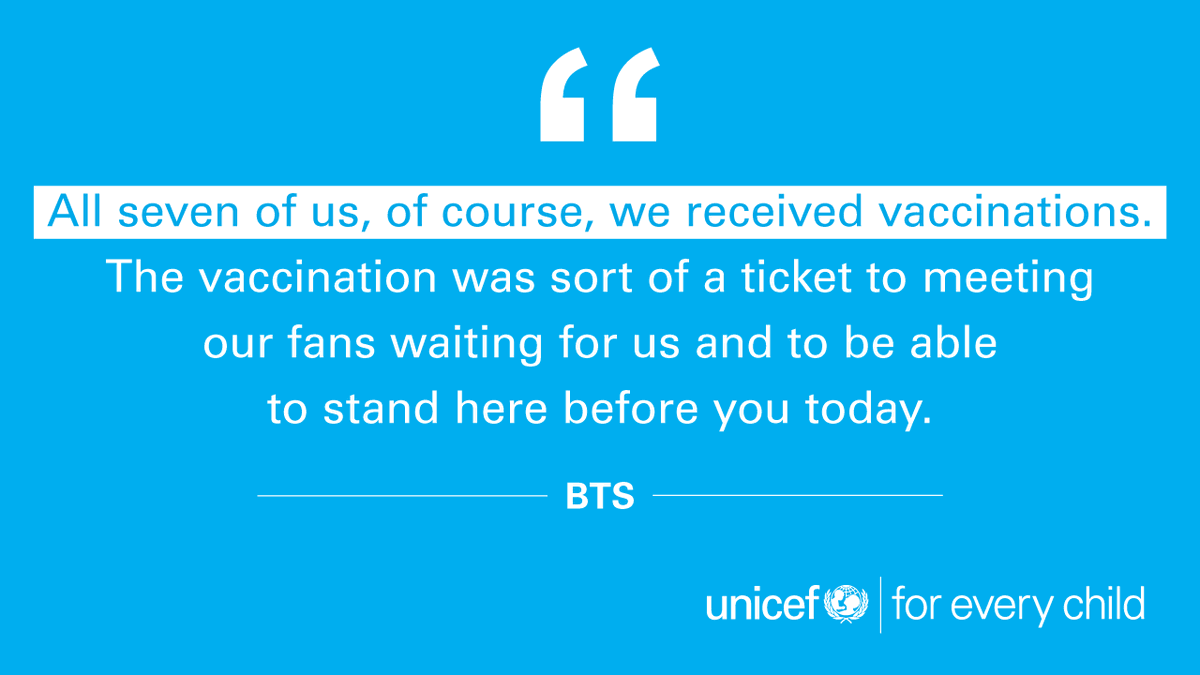 UNICEF's tweet image. Are YOU vaccinated against COVID-19? @BTS_twt is! 💜

Throwback to BTS sharing this important message at UNGA last year.

For every like and RT, UNICEF partners will unlock $1 for our lifesaving vaccine programmes up to $10M. #LongLifeForAll