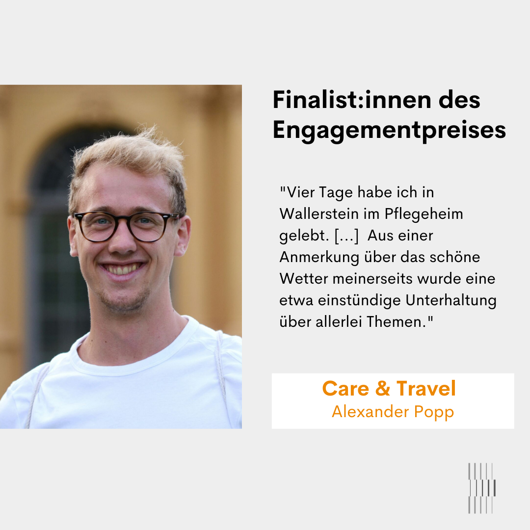 Alexander Popp bringt mit der Studierendeninitiative „Care &amp; Travel“ Jung und Alt zusammen. In Pflegeheimen verbringen junge Reisende Zeit mit Senior:innen. 
Hier geht es zum Interview: studienstiftung.de/auszeichnungen….

#alumni #studienstiftung #engagementpreis