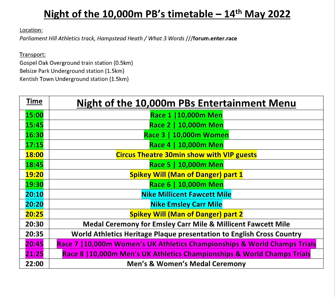 Night Of The 10k PBs (@nightof10kpbs) on Twitter photo Timetable - Saturday May 14th
Parliament Hill Athletics Track, London.
Entry is free 'Without cost or payment'
#Highgate10k 
#Lane3BeerNCheer Timetable - Saturday May 14th
Parliament Hill Athletics Track, London.
Entry is free 'Without cost or payment'
#Highgate10k 
#Lane3BeerNCheer