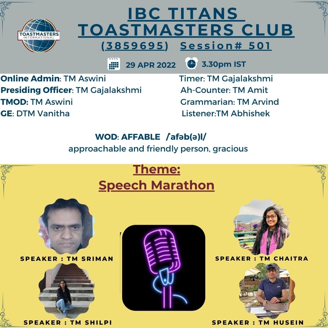 IBCTitans's tweet photo. Theme: Speech Marathon

Join us to hear some outstanding speeches this Friday, 29th April @ 3:30pm IST on Zoom

#speech #marathon #toastmaster #toastmasters #toastmastersinternational #publicspeaking #whereleadersaremade #leadership #international #speaking #publicspeakers #bhfyp https://t.co/HklhkguRmk