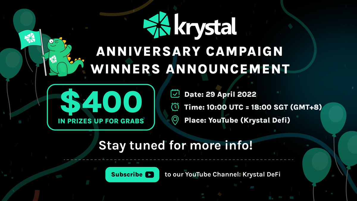 🏆 Think you are one of the winners of our Anniversary Campaign?

We’ve got a special event for YOU

📆 29 April 2022
🕙 10:00 UTC = 18:00 GMT+8
💰 $400 up for grabs (QUIZ)
📍youtube.com/c/KrystalDeFi
✔️ Subscribe + 🔔 to know when the video is released! 🎉
#Krystalturns1
