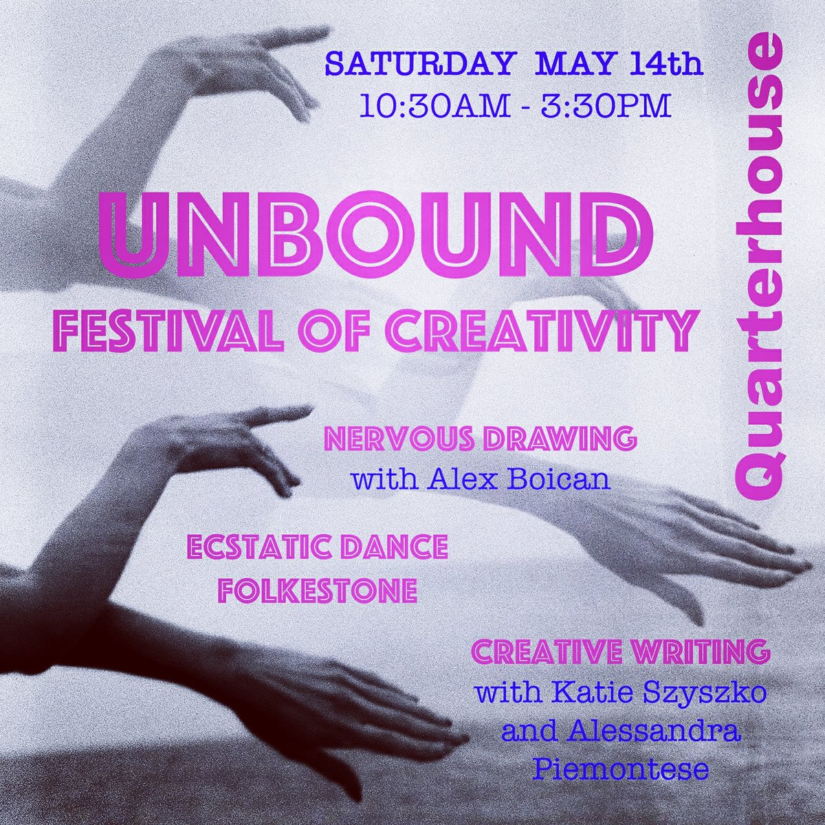 Join us for a day of embracing creativity. Ecstatic Dance.Nervous Drawing. Creative Writing.Experience the joyful playfulness of creative exploration. 14th May at @Quarterhouse_UK See tickets here:eventbrite.co.uk/e/unbound-fest… #folkestone @folkelife @CreativeFstone @CeneMagazine