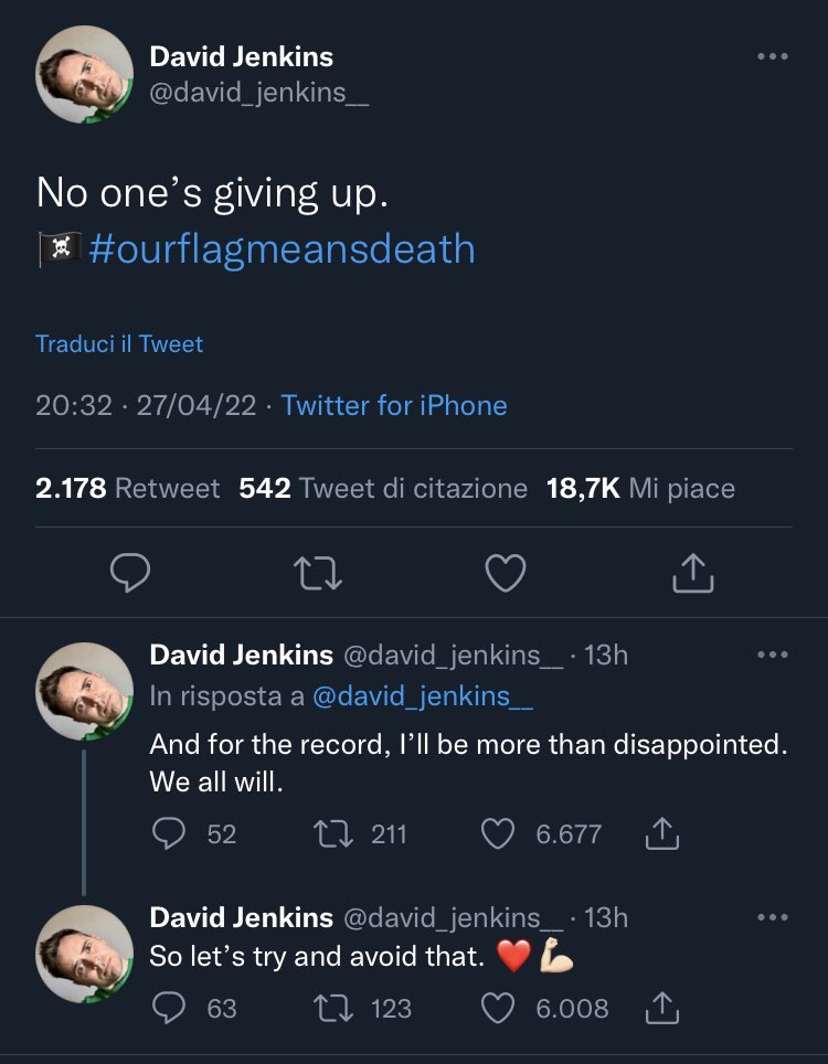 Becsontwit's tweet photo. Captain @david_jenkins__ said don’t give up.
we sure won’t.
@hbomax #RenewOurFlagMeansDeath #ofmd https://t.co/zjKk7ee1pa