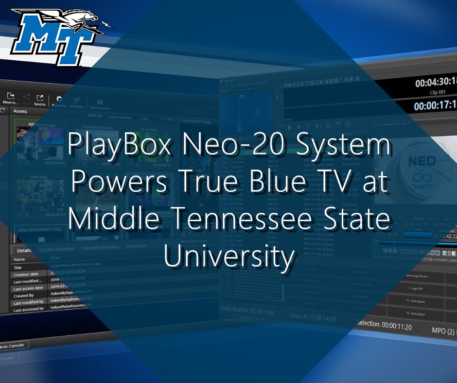 PlayBoxNeo's tweet photo. Middle Tennessee State University has gone full #broadcast mode with AirBox Neo-20 #playout server and TitleBox Neo-20 for #graphics production. The new system will be housed in the school’s True Blue TV control room.▶️ https://t.co/Q7uxNgzOsN
#PlayBoxNeo #MTSU #BridgeDigital https://t.co/ilWhdDvEQk