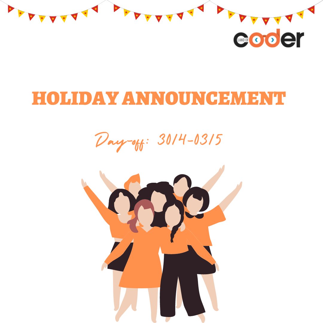 landofcoder's tweet image. HOLIDAY ANNOUNCEMENT
📌 We announce to you Landofcoder Team's Day-off
⏰ From Saturday, April 30 to Tuesday, May 3, 2022
Thank you & have a great holiday,
#landofcoder #dayoffs
==================
👑 LandOfCoder. Inc
🌐 Website: landofcoder.com