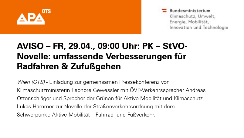 Seit 3 Jahren versprochen, morgen wird angekündigt: Österreich bekommt endlich eine StVO-Novelle fürs bessere Gehen &amp; Radfahren. Wir halten euch und unsere Mitglieder [1] am Laufenden, wenn Inhalte bekannt werden. [1] radlobby.at/mtg