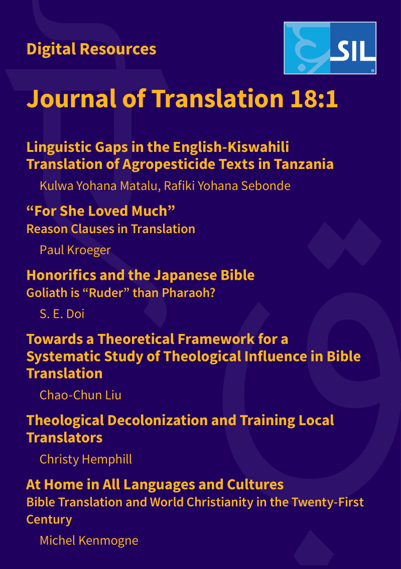 jotranslation's tweet photo. Journal of Translation 18:1 (2022) now available! Six articles, covering agropesticides in #Kiswahili, reason clauses in #KoineGreek, theological influence, decolonization, honorifics in #Japanese, and the role of Bible translation in “World Christianity.” https://t.co/k94xx0POsn https://t.co/AJRiEiCo99