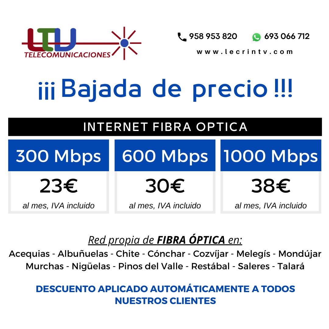 LtvTelecom's tweet image. 🔥 ¡¡¡Bajamos el precio del 1Gbps a 38€!!!🔥
ℹ Descuento aplicado automáticamente a todos nuestos clientes con 1Gbps contratado (el precio anterior del 1Gbps era de 44€)
#Lecrín #LtvTelecom #ElValle #Pinosdelvalle #Nigüelas #Albuñuelas #Villamena #LecrínTelevisión #FibraÓptica