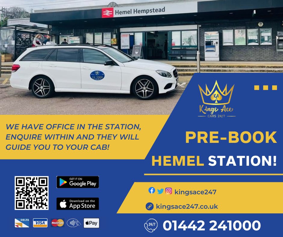 We have office in the station, enquire within and they will guide you to your cab!
Download app or Book online: onelink.to/kingsacecars
☎️ 𝗛𝗲𝗺𝗲𝗹 𝗛𝗲𝗺𝗽𝘀𝘁𝗲𝗮𝗱 – 𝟬𝟭𝟰𝟰𝟮 𝟮𝟰𝟭𝟬𝟬𝟬