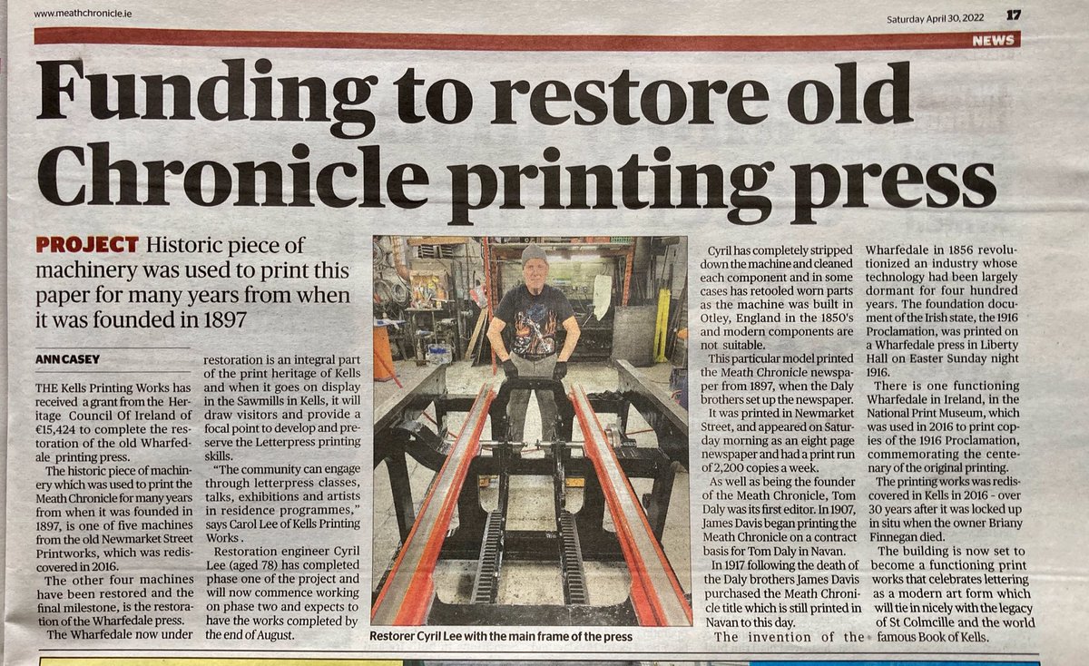 carolleesnap's tweet photo. #heritagecouncilofireland #kellstypetrail Kells Printing Works are delighted to have received a grant of €15,424.00 from #HCI to complete the restoration of the Wharfedale the 5th and final press to be restored by Cyril Lee #meathchronicle https://t.co/2KNlRmy7E8