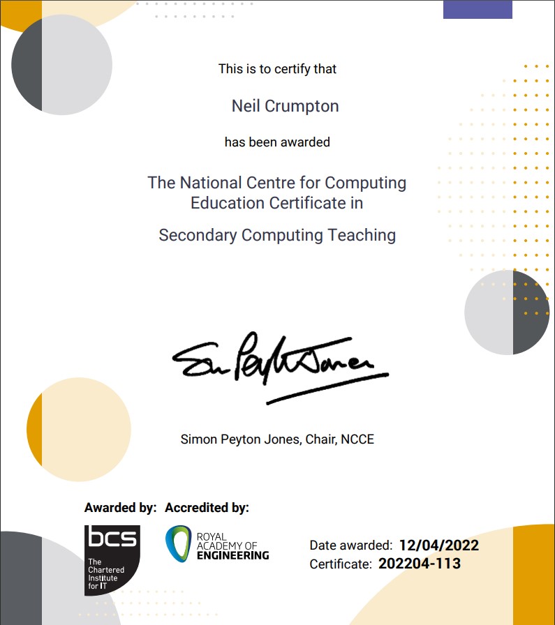 CrumptonN's tweet image. So this happened...I received my @WeAreComputing Certificate in Secondary Computing Teaching.

You can get yours by completing the CSA and then further CPD.
Check out teachcomputing.org to find out how
#teachcomputing #GCSECS #computerscience #certificate #CSA #CSAgraduation