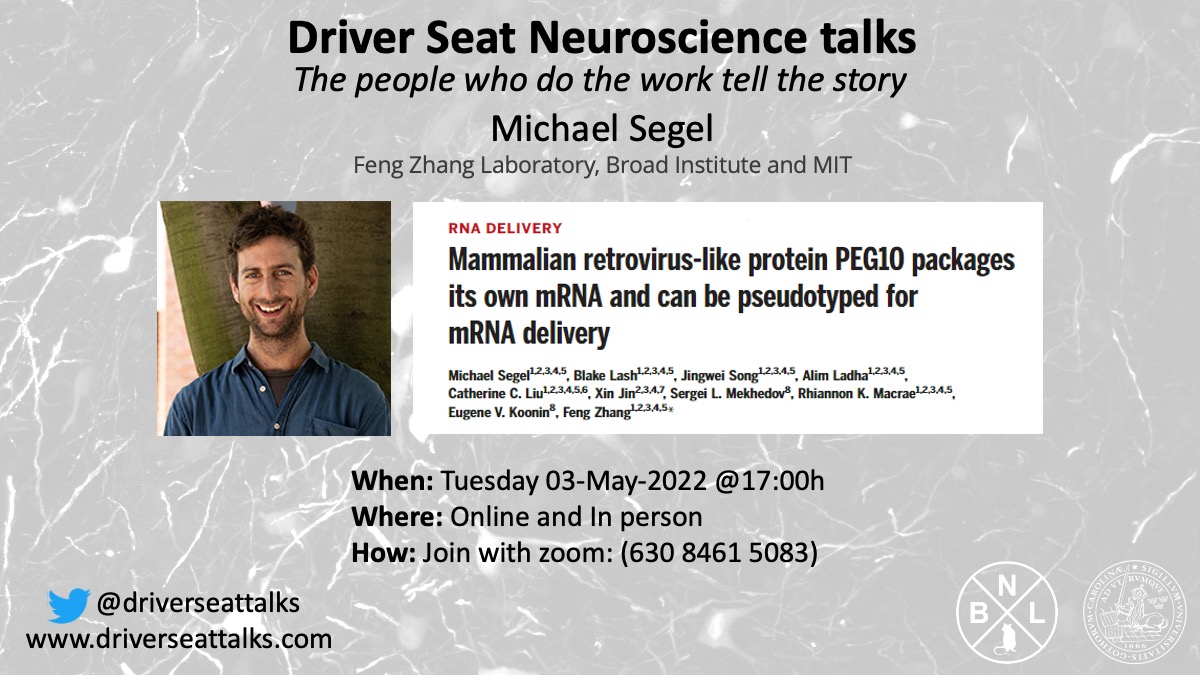 driverseattalks's tweet image. Next week, we're excited to welcome Michael Segel @michael_s_segel from the Feng Zhang @zhangf Lab into the Driver Seat, presenting his @ScienceMagazine paper with a new take on RNA-delivery!

Join us Tues 03-May-22 at 17:00h CEST!

#neuroscience #OpenScience #ScienceTwitter