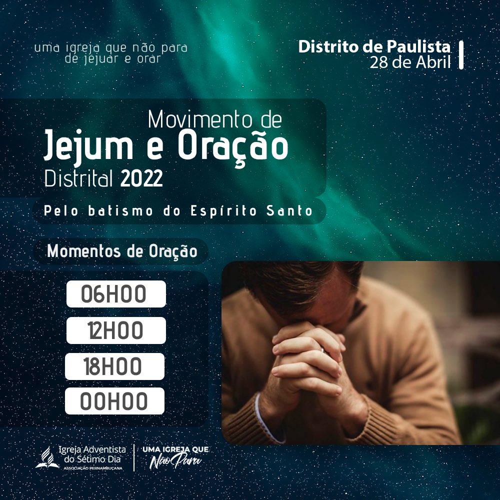 ✅ Hoje o distrito de Paulista dará continuidade ao movimento espiritual da APe por uma igreja que não para de jejuar e orar pelo batismo do Espírito Santo!
#PrimeiroDeus #APeUmaIgrejaQueNaoPara