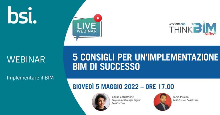 Continua la serie di BIMTalks in collaborazione con ASSOBIM: approfondiamo insieme l’importanza di un approccio basato sugli standard, in particolare #ISO19650, nell’implementazione #BIM.
L’iscrizione è gratuita 👉 bit.ly/3OI6l0u

#BSIItaly #webinar #builtenvironment