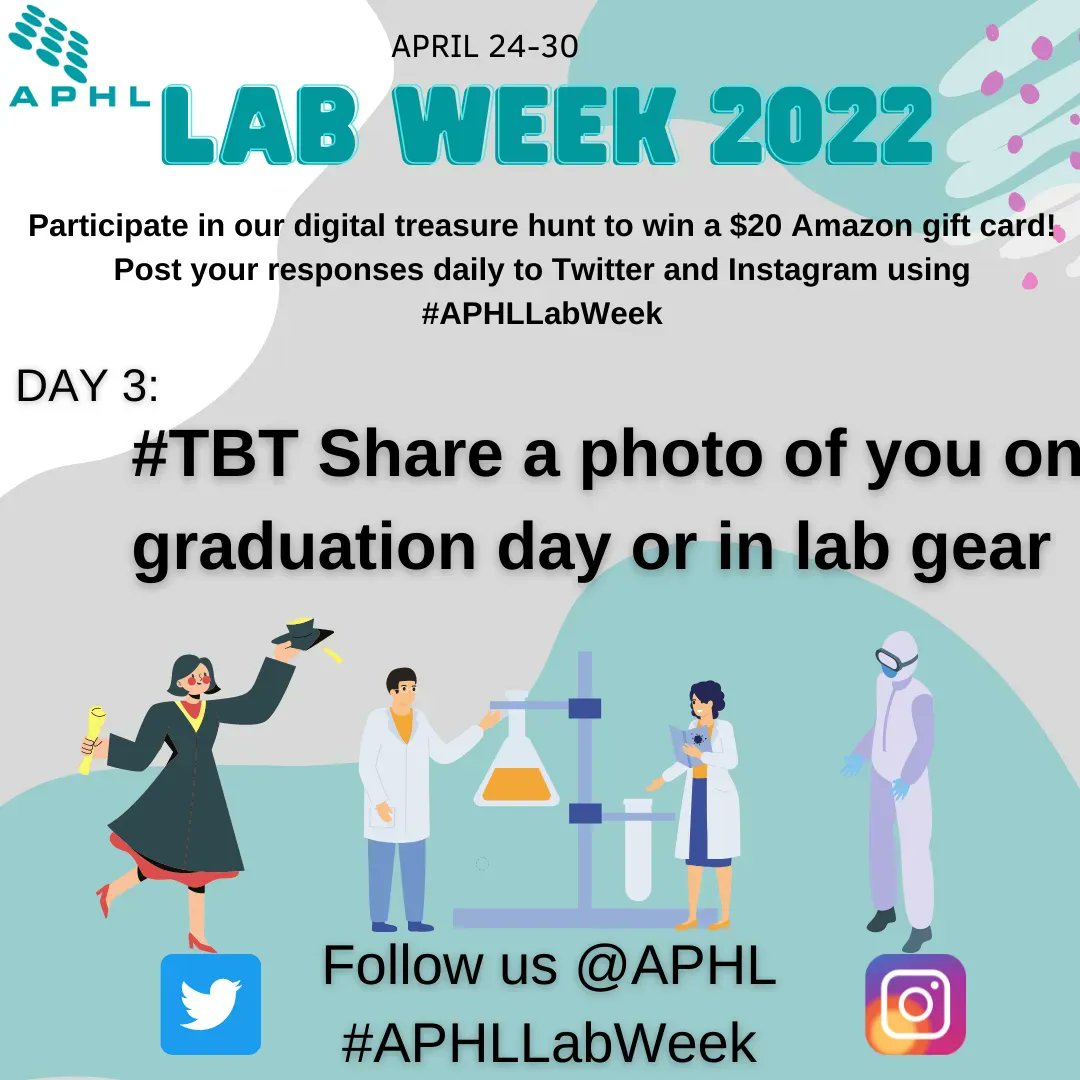 APHL's tweet photo. Remember when you first fell in love with working at a lab? Share a #TBT photo of you on graduation day or in lab gear for your chance to win the #APHLLabWeek Treasure Hunt.
April 30 is the last day to participate! Pne lucky winner will be announced on Monday, May 2. Good Luck! https://t.co/p54OkLm6e5