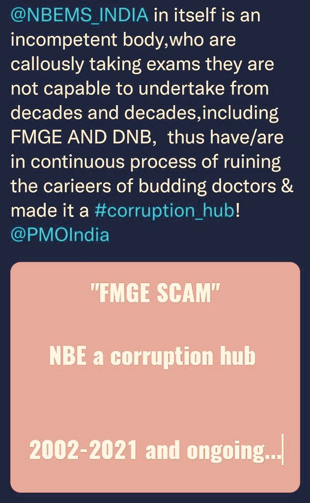 LalitMohan1137's tweet photo. It is clear.
The biggest target of this #corruptionhub @NBEMS_INDIA/@NbeIndia are FMG's.
All these corrupt NBE OFFICIALS will face us.We will never stop till NBE gives up. 
We,the FMG's are stronger , together and will fight this legally!!
#JusticeForFMGAspirants https://t.co/UbWJo82Tii