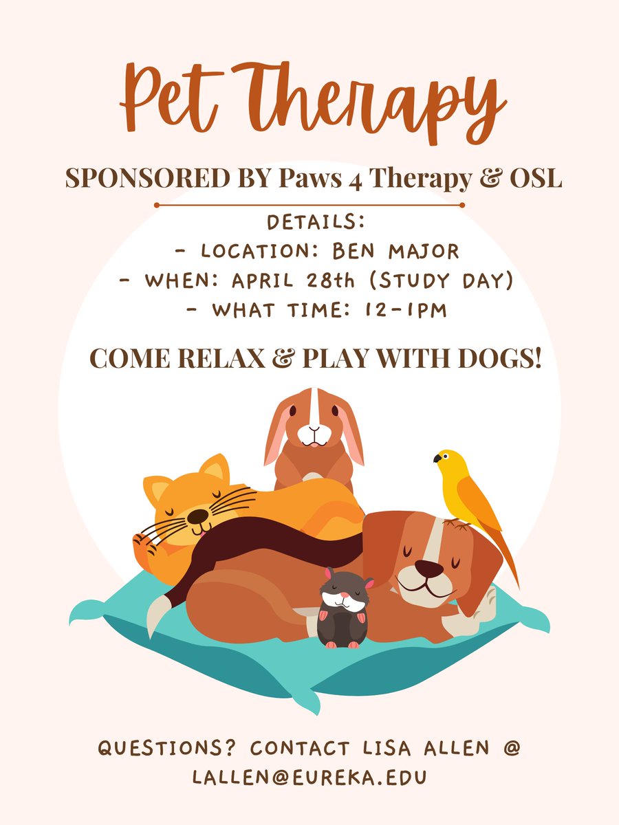 LifeEureka's tweet photo. We will have 2 therapy dogs from Paws 4 Therapy here on campus in Ben Major today from 12-1pm.  If you need a break from studying, please stop by!

Any questions, please contact Lisa Allen, Health/Wellness Liaison, at lallen@eureka.edu. https://t.co/V2LaLN4e7M