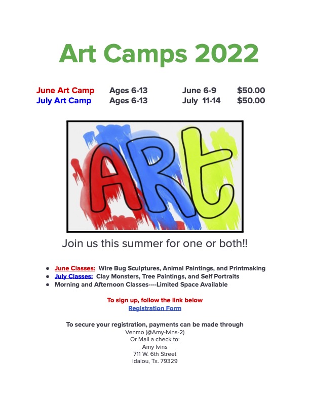 Summer camp Information is starting to come out! Keep an eye out for more camps!
Join us for ART CAMP!!!
