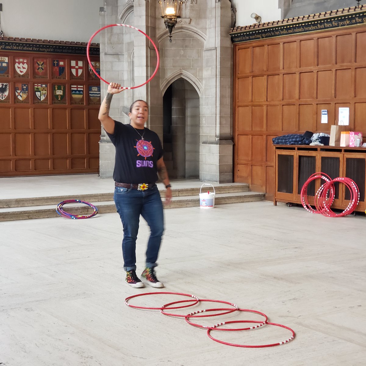UofTFNH's tweet photo. Hiy Hiy to Beany &amp; Rosa John for the amazing Hoop Dance workshop yesterday.
Here are a few shots of Beany giving instruction &amp; #UofT students Teagan de Laronde &amp; Devo dancing with hoops!
Thanks to @harthouseuoft for the use of The Great Hall for the workshop
#HoopDancing #FNHISS https://t.co/WkcOsyy45K