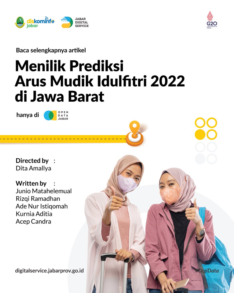jabardigital's tweet photo. Hallo, Sobat JDS! Waktu mudik telah tiba. Di Jawa Barat, Tim Data Analytics JDS telah melakukan prediksi arus lalu lintas di masa mudik, lho. Mau tahu seperti apa prediksi lengkapnya, yuk langsung aja cek di https://t.co/O3mtuXxMT9
#DigiProgram #EDJ #OpenDataJabar https://t.co/kOa57Zteqp