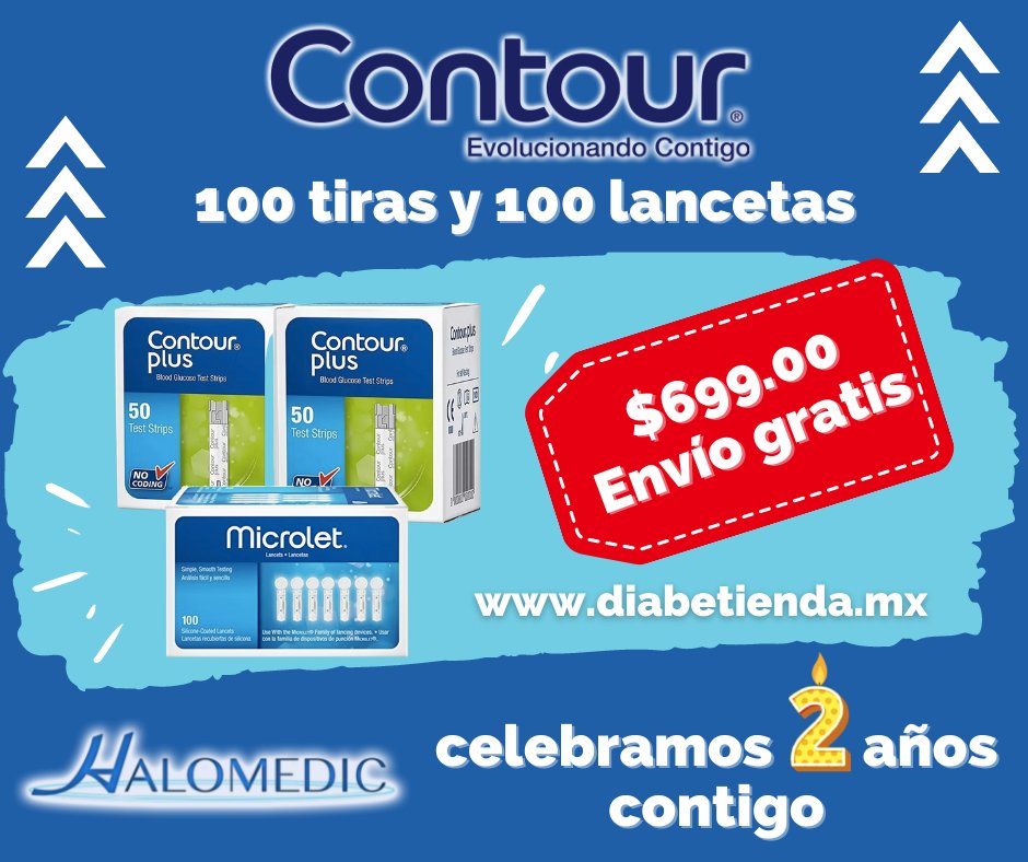 HaloMedicMX's tweet photo. En Halomedic estamos de fiesta. Por eso tenemos en oferta las tiras Contour Plus, 100 tiras y 100 lancetas por sólo $699.00 con envío gratis a todo México. Encuéntralas dando click aquí: https://t.co/Q9gz6MRuAd https://t.co/qzzJ2lLjjU