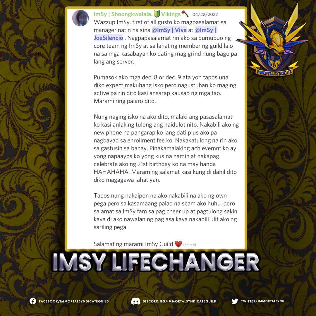ImmortalSynG's tweet photo. Hard work and a relentless drive for progress while surrounding yourself with the right people will surely reward you with precious things in life. 💪🏻🤗
Nothing is more noble, more venerable, than loyalty. We appreciate you! 💗💯
#ImSyLifechangerStories #ImmortalSyndicateGuild https://t.co/J79womrxkN