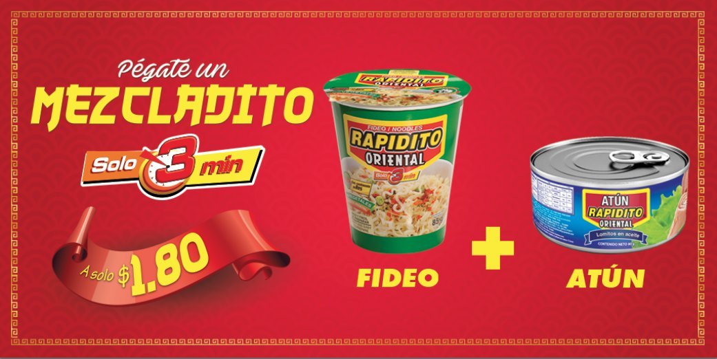 DiegoSebas17's tweet photo. @PaolaMKT La empresa ecuatoriana "Oriental", con su marca Rapidito, decidió utilizar la estrategia de paquete de precios para sacar al mercado un combo que incluya unos fideos instantáneos y una lata de atún por $1,80.
 #PrincipiosMKTUSFQ @PaolaMKT https://t.co/L3U97bmLRy