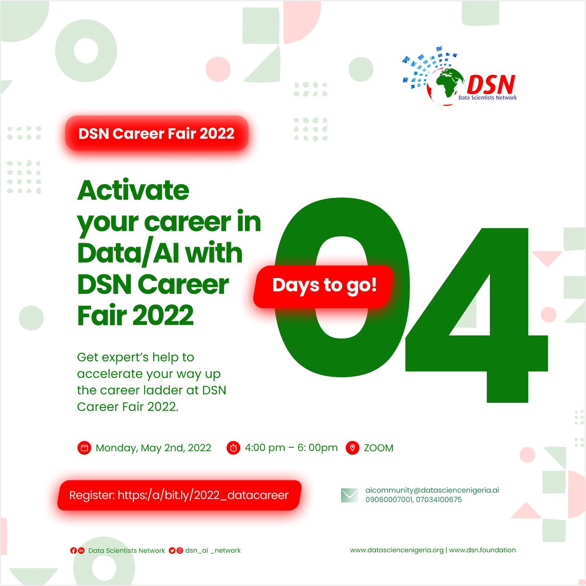 dsn_ai_network's tweet image. Do you know that some technical skills you have today will no longer be relevant in the next 3 years according to @wef 2020 Job report?

It is time to boost your career with data/AI advantage at DSN Career Seminar.

May 2nd at 4PM(GMT +1)
Reg: bit.ly/2022_datacareer