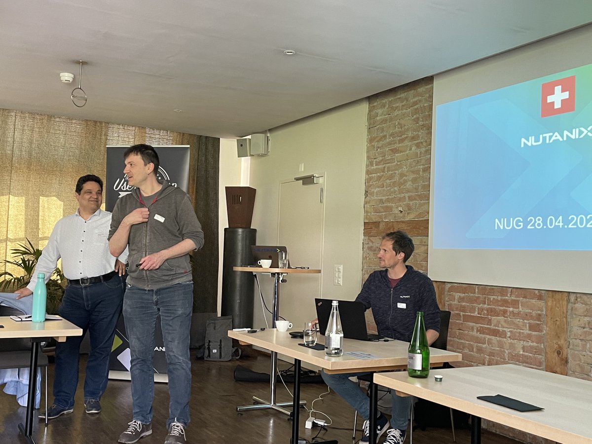 dready73's tweet photo. What's New - Alex Rechsteiner and Mauro Brunetti giving an update on the latest additions with AOS 6.x #NCUG #Nutanix https://t.co/fUBxbR6vLA
