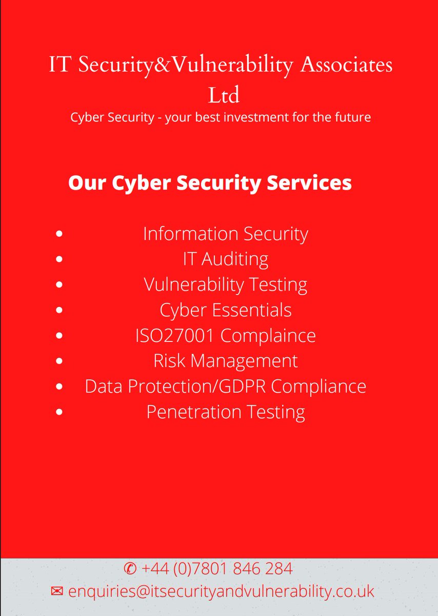 ITSecVulAssoc's tweet image. Check out our Cyber Security Services
#cyber #vulnerability #IT #ITSecurityandVulnerability
#Services