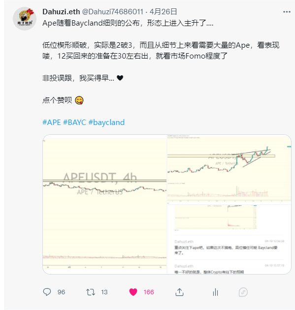 Dahuzi_eth's tweet photo. 市场有很多机会，你只需要抓住你认为最重要的机会就好

剩下的就是梭不梭，拿不拿，跑不跑的问题了

至少在机会的选取上不能犯大错，赚多赚少都是缘分

多么漂亮的楔形顺坡...  传统图表在币圈的应用...

🎯 25$~30$

Good lucky ...  😋如有赚钱 欢迎三连

#baycland  #APECOIN  #BTC #ETH #BAYC https://t.co/CnggXnrc3f