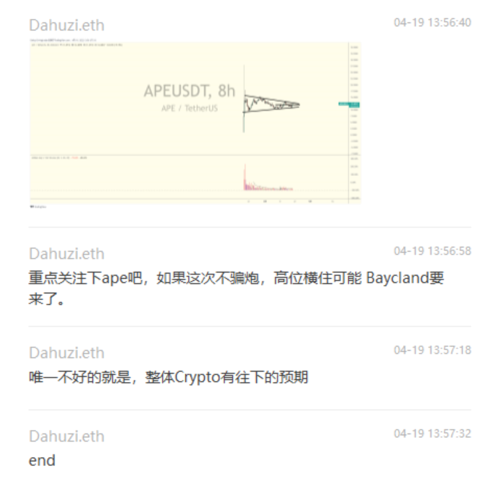 Dahuzi_eth's tweet photo. 市场有很多机会，你只需要抓住你认为最重要的机会就好

剩下的就是梭不梭，拿不拿，跑不跑的问题了

至少在机会的选取上不能犯大错，赚多赚少都是缘分

多么漂亮的楔形顺坡...  传统图表在币圈的应用...

🎯 25$~30$

Good lucky ...  😋如有赚钱 欢迎三连

#baycland  #APECOIN  #BTC #ETH #BAYC https://t.co/CnggXnrc3f