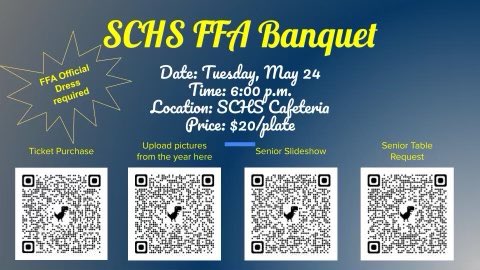 Hey everyone here's the links to sign up for the FFA banquet and upload pictures. Seniors don't forget to
submit your slideshow pictures and
request a table. Can't wait to see you all there!