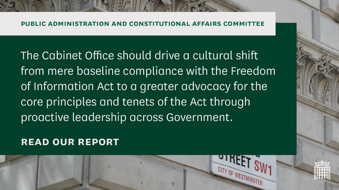 A strong functioning Freedom of Information system requires proactive leadership with a strongly supportive culture and enthusiastic tone at the top of Government. Read our Report publications.parliament.uk/pa/cm5802/cmse…