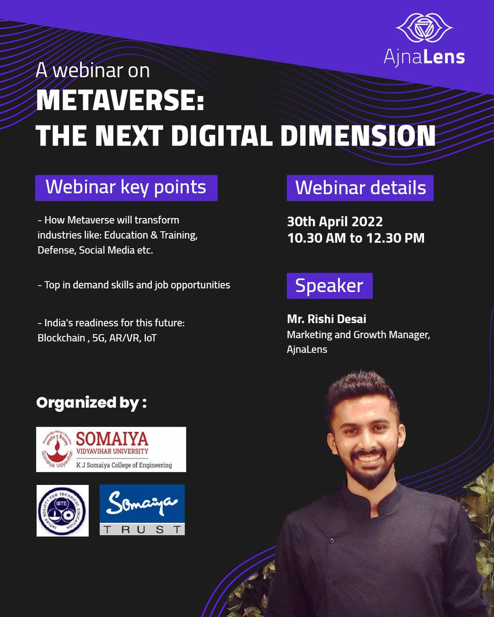 ajnalens's tweet photo. #Metaverse is the new buzzword. From consumers to customers &amp;  companies, everyone is either talking about it or working on it.

On 30th April @rethinkwithrish will be talking about Metaverse and its possibilities in a webinar hosted by #KJSomaiyaCollegeofEngineering.
Stay tuned. https://t.co/1iQZ41UdRy